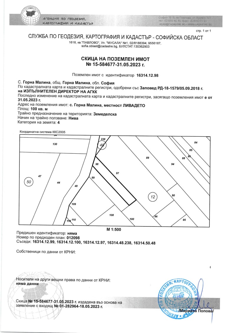 Продава ПАРЦЕЛ в област София, с. Горна Малина - 100 кв.м / 6 000 € » 11 734.98 лв., БЪЛГЕРИАН МЕНИДЖМЪНТ ГРУП