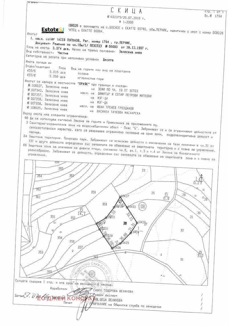 Продава ЗЕМЕДЕЛСКА ЗЕМЯ в област Перник, с. Боснек - 27.3 дка / 16 380 € » 32 036.50 лв., ЕС ДЖЕЙ КОНСУЛТ