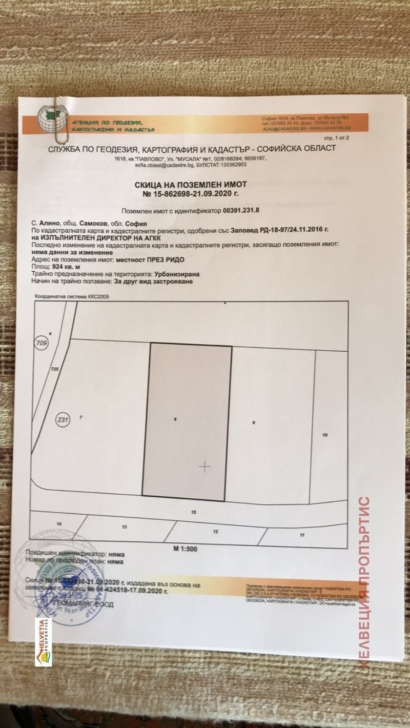 Продава ПАРЦЕЛ в област София, с. Алино - 924 кв.м / 29 568 € » 57 829.98 лв., ХЕЛВЕЦИЯ ПРОПЪРТИС